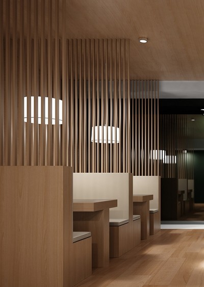 Interessante Raumtrennung in einem Restaurant Akustik-Optimierung und Design gehen hand-in-hand